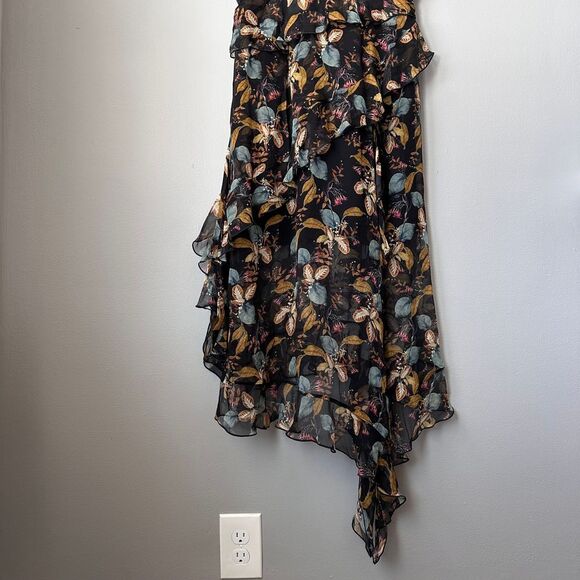 Nicholas Midi Dress US 6 Black Silk Romantic Asymmetric Floral Fairy Whimsygoth - Picture 9 of 10